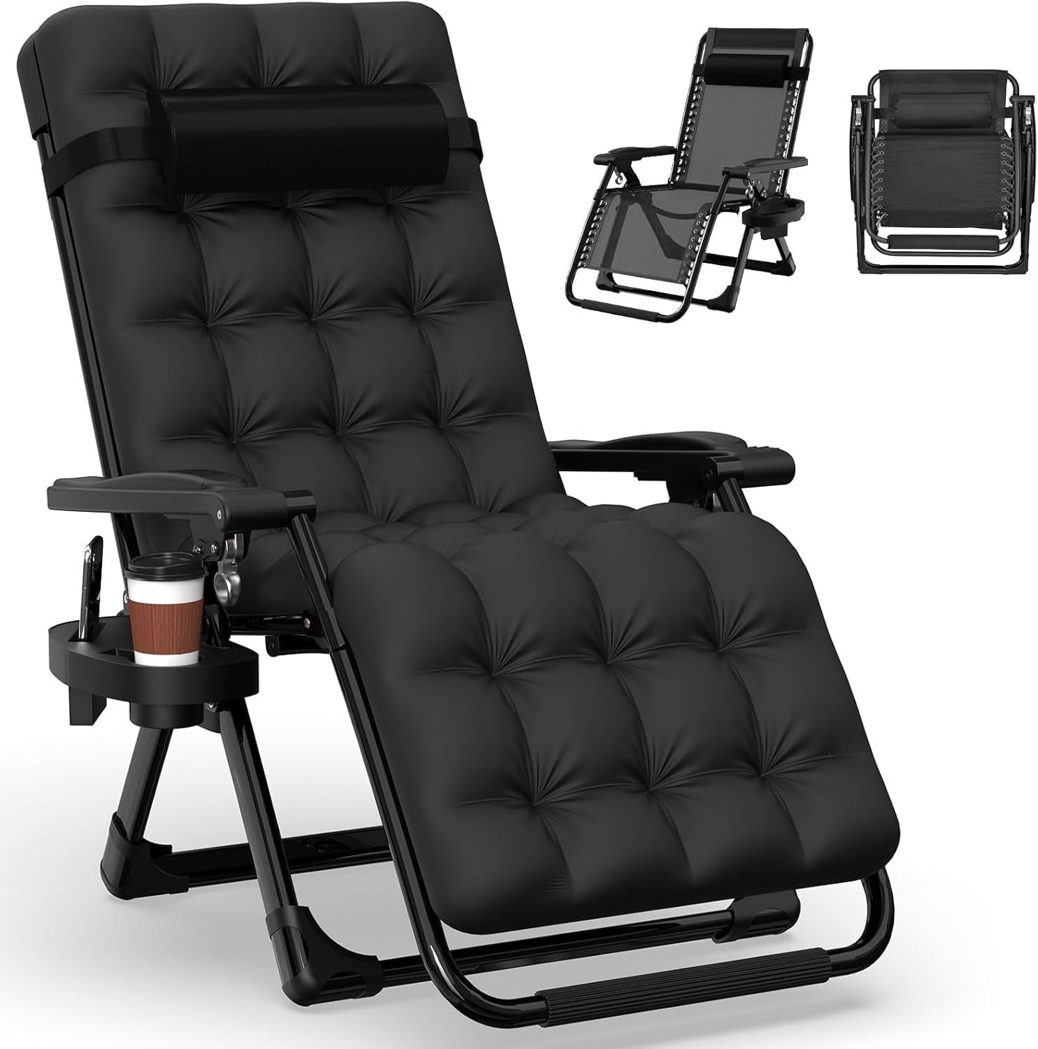 Oswerpon Zero Gravity Chair with Removable Cushion and Cup Holder,Folding Recliner Lounge Chair for Indoor and Outdoor,440 LBS Capacity (Black)