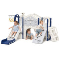 Oswerpon 10-in-1 Toddler Slide Climber Playset, Kids Slide with Climbing Ramp, Basketball Hoop & Foldable Indoor Outdoor Playset for Ages 1-3, Blue Gray
