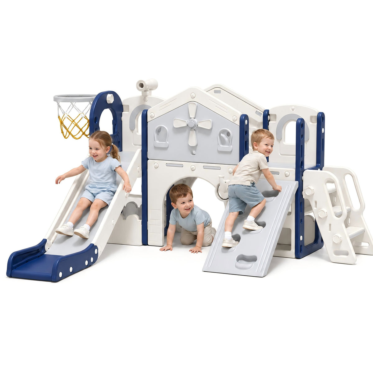 Oswerpon 10-in-1 Toddler Slide Climber Playset, Kids Slide with Climbing Ramp, Basketball Hoop & Foldable Indoor Outdoor Playset for Ages 1-3, Blue Gray