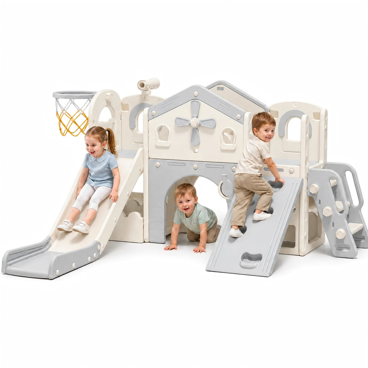 Oswerpon 10-in-1 Toddler Slide Climber Playset, Kids Slide with Climbing Ramp, Basketball Hoop & Foldable Indoor Outdoor Playset for Ages 1-3, White Gray