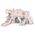 Oswerpon 10-in-1 Toddler Slide Climber Playset, Kids Slide with Climbing Ramp, Basketball Hoop & Foldable Indoor Outdoor Playset for Ages 1-3, Pink