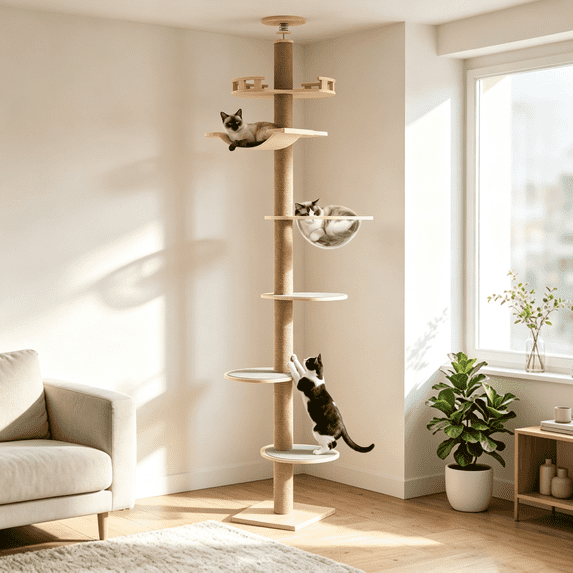 Oswerpon 114-127.95¡± Floor to Ceiling Cat Tree,6 Tier Adjustable Height Cat Tower,Wood Cat Climbing Tree with Scratching Post