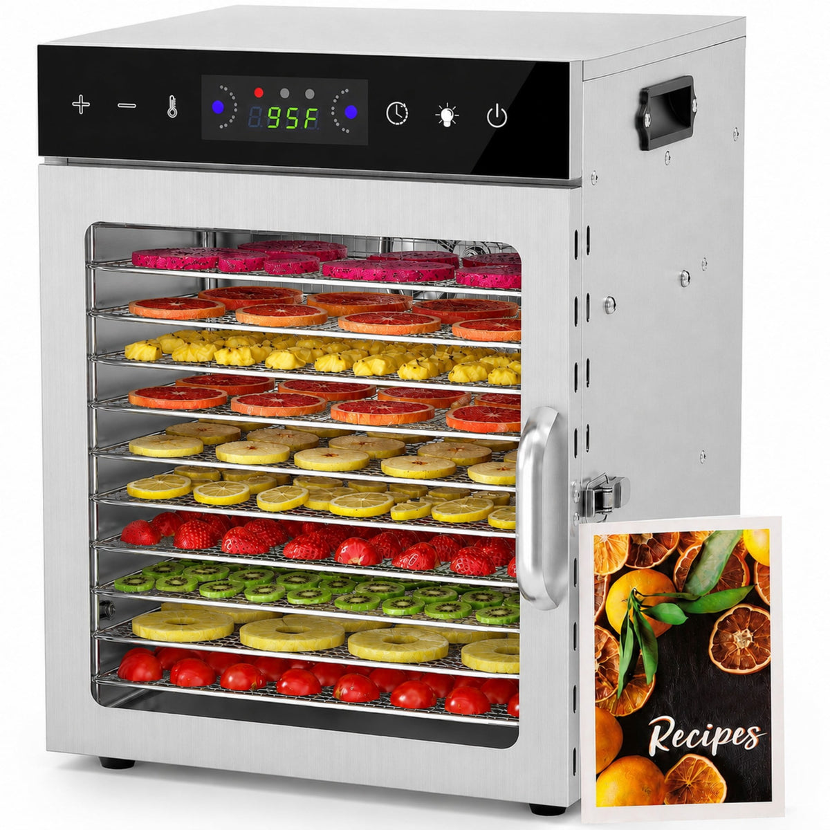 Oswerpon 12-Tray Food Dehydrator Machine, 800W Stainless Steel Food Dryer with Dual Fans, Digital Temperature & Timer Control, Jerky Maker for Fruits, Vegetables & Meat, 2 Mesh Screens & Fruit Roll Tray