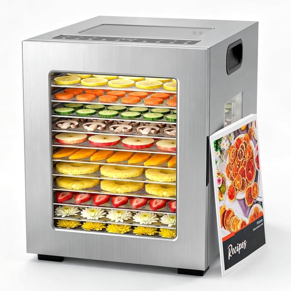 Oswerpon 12 Trays Food Dehydrator Machine, 840W Stainless Steel Meat Dehydrator with Dual Fans, 360° Airflow, 10 Presets, 48H Timer & LED Light