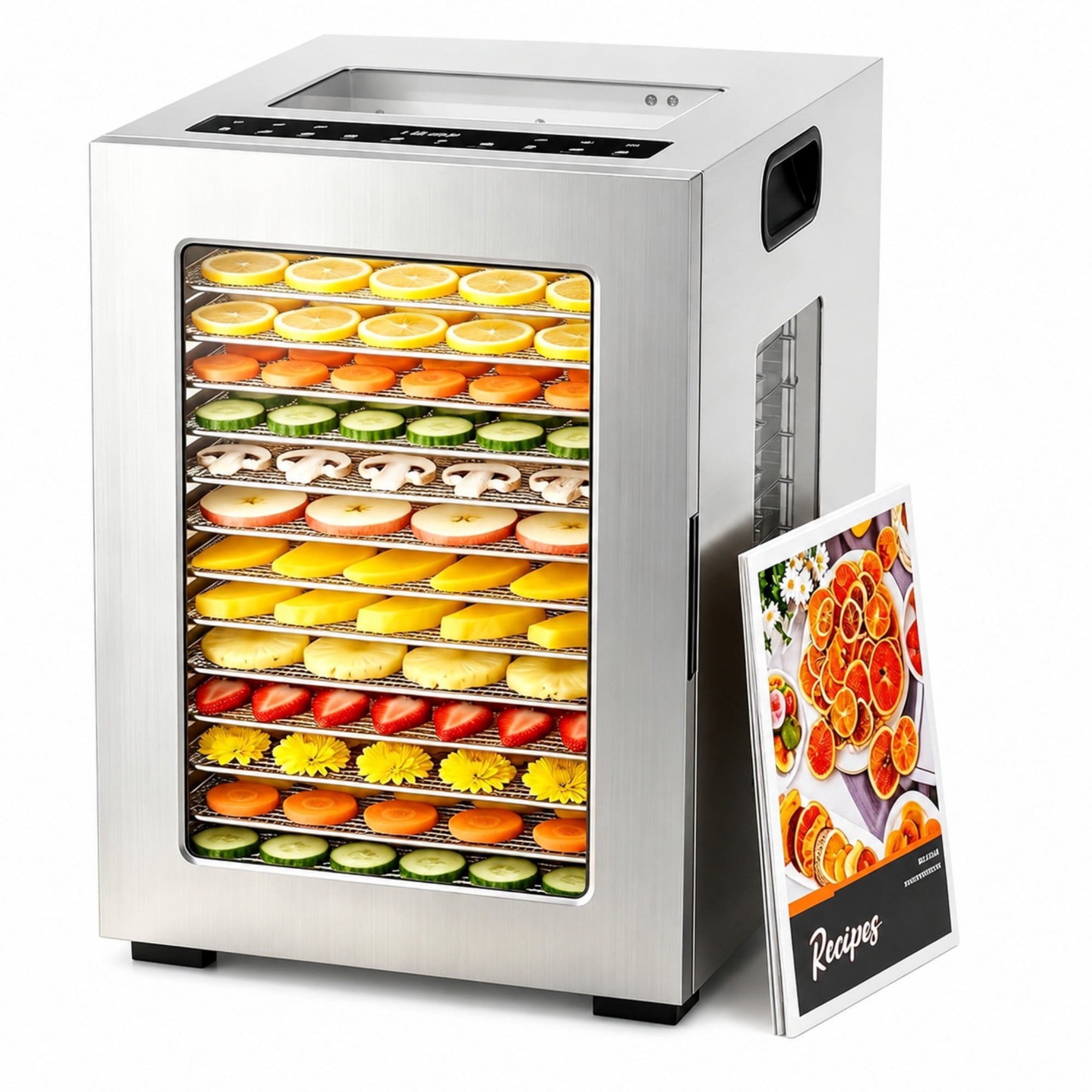 Oswerpon 14 Trays Food Dehydrator Machine, 840W Stainless Steel Meat Dehydrator with Dual Fans, 360° Airflow, 10 Presets, 48H Timer & LED Light
