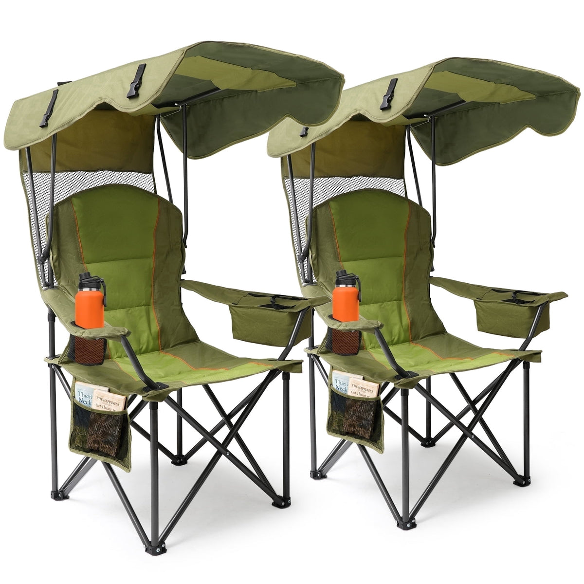 Oswerpon 2Pack Oversized Canopy Camping Chairs, Folding Outdoor Seats with Adjustable Sunshades, Cup Holders, 3L Cooler Bags and Side Pockets, Green