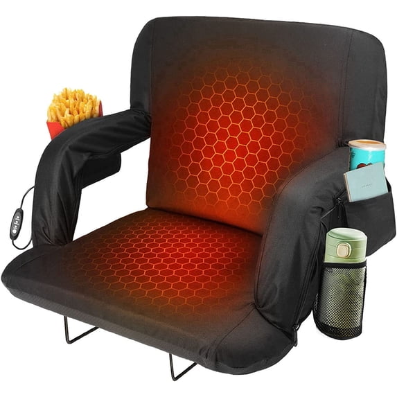 Oswerpon 21in Heated Stadium Seat for Bleachers with Back Support, Wide Cushion, USB 3-Heat, 5 Pockets, Foldable, Portable for Camping, Games, Sports(No Battery)