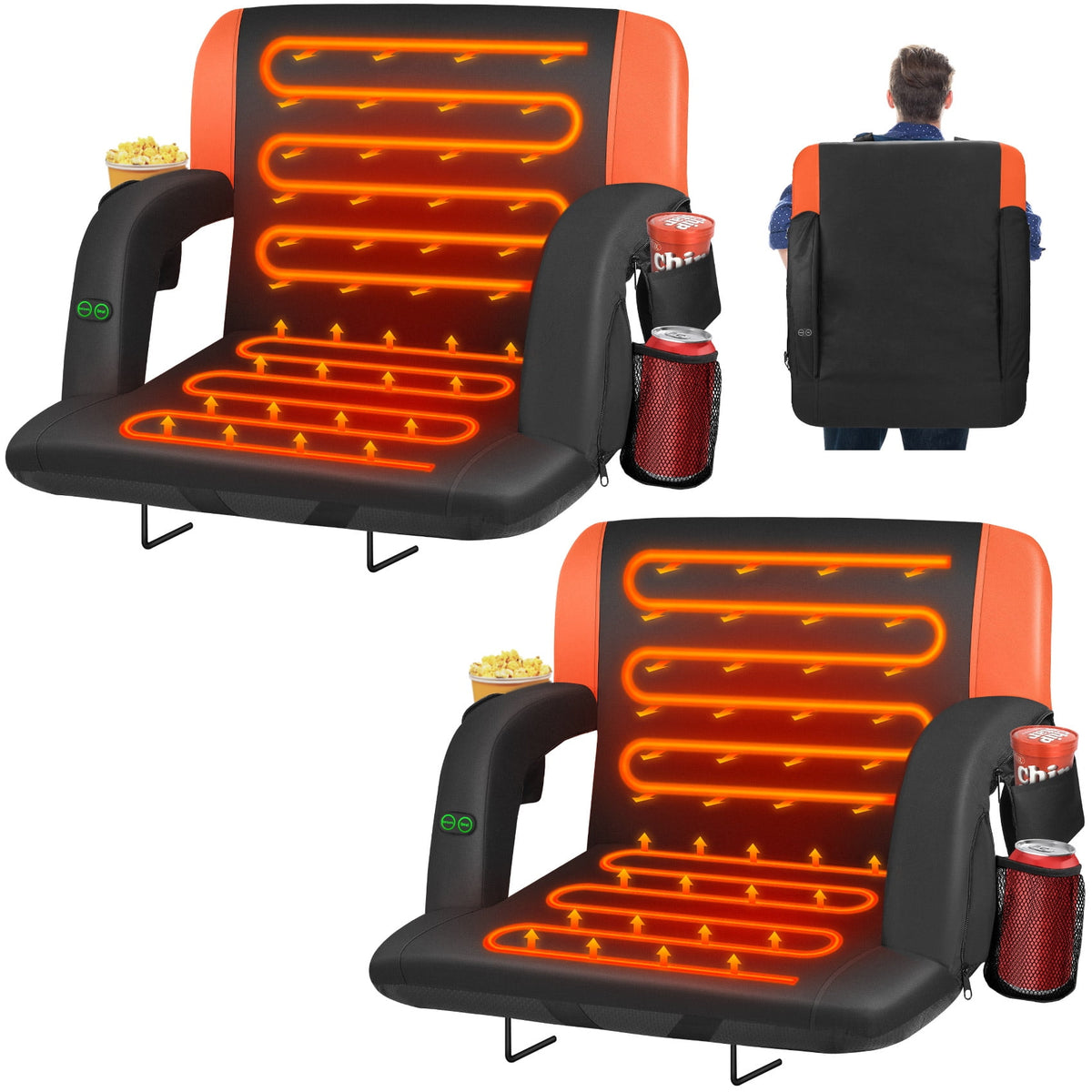 Oswerpon 2PCS 21in Heated Stadium Seats for Bleachers with Back Support,3 Level Heat,6 Reclining Positions, Armrests, Stadium Chairs for Outdoor Sport Events(No Battery)