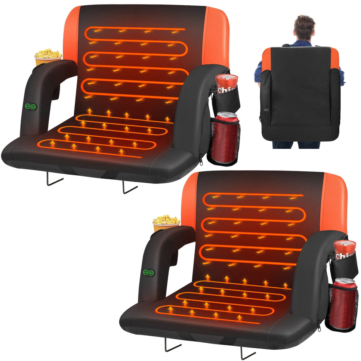Oswerpon 2PCS 23in Heated Stadium Seats for Bleachers with Back Support,3 Level Heat,6 Reclining Positions, Stadium Chairs for Outdoor Events(No Battery)