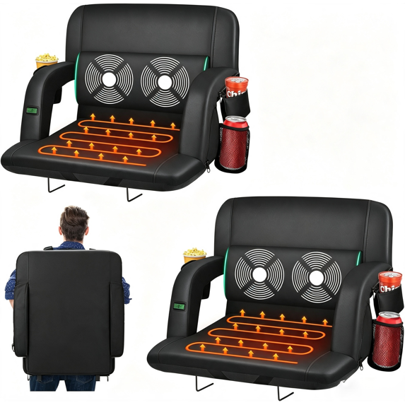 Oswerpon 2PCS 25" Wide Heated Massage Stadium Seats for Bleachers with Back Support, Portable Stadium Chair with Armrest, for Outdoor（Without Battery)