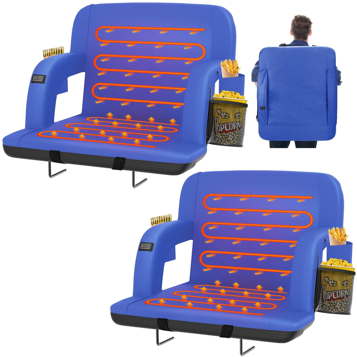 Oswerpon 2PCS 25in Heated Stadium Seats for Bleachers with Back Support,3 Level Heat,6 Reclining Positions, Stadium Chairs for Outdoor Events(No Battery),Blue