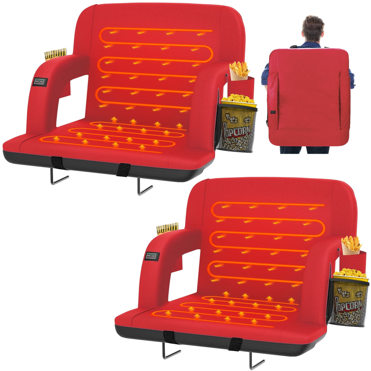 Oswerpon 2PCS 25in Heated Stadium Seats for Bleachers with Back Support,3 Level Heat,6 Reclining Positions, Stadium Chairs for Outdoor Events(No Battery)，Red