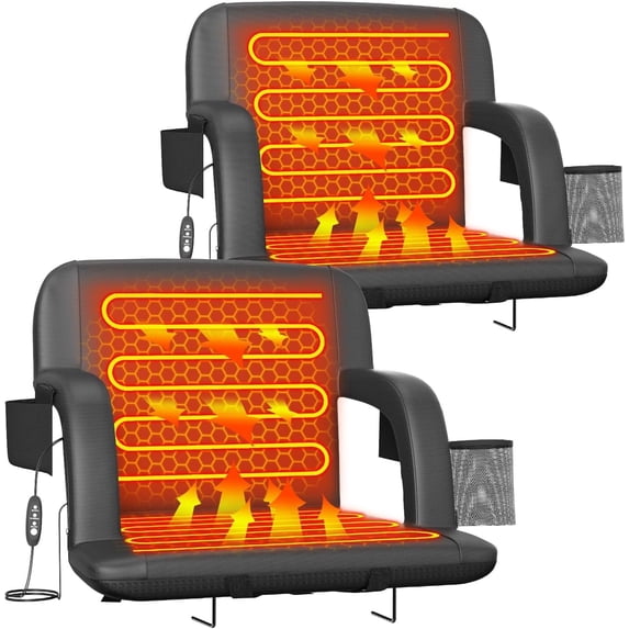 Oswerpon 2pcs 25in Heated Stadium Seat for Bleachers with Back Support,USB 3-Level Heating,5 Storage Pockets,for Outdoor Games,Camping,and Bleachers,Black（Without Battery）