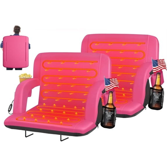Oswerpon 2pcs 25in Heated Stadium Seat for Bleachers with Back Support,USB 3-Level Heating,5 Storage Pockets,for Outdoor Games,Camping,and Bleachers,Pink（Without Battery）