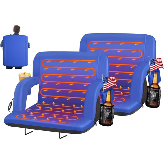Oswerpon 2pcs 25in Heated Stadium Seat for Bleachers with Back Support,USB 3-Level Heating,5 Storage Pockets,for Outdoor Games,Camping,and Bleachers,Blue（Without Battery）