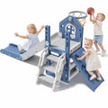 Oswerpon 6-in-1 Toddler Slide, L-Shaped Indoor Outdoor Playset, Kids Slide with Climber, Basketball Hoop, Telescope and Anti-Slip Pads for Ages 1-3, Blue Gray