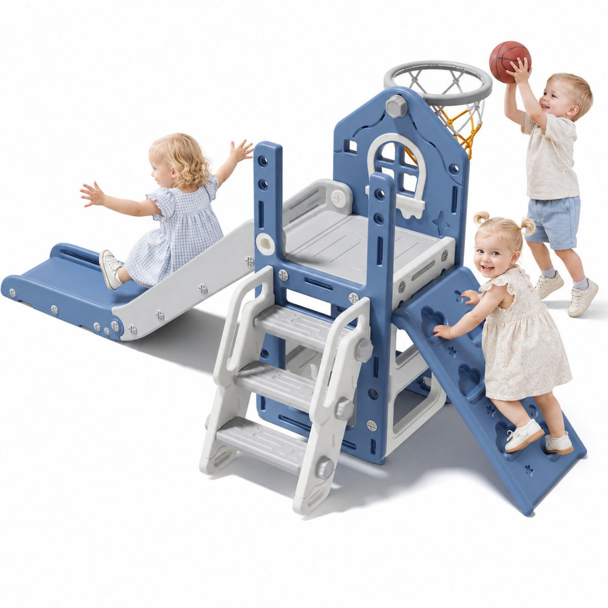 Oswerpon 6-in-1 Toddler Slide, L-Shaped Indoor Outdoor Playset, Kids Slide with Climber, Basketball Hoop, Telescope and Anti-Slip Pads for Ages 1-3, Blue Gray
