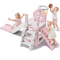 Oswerpon 6-in-1 Toddler Slide, L-Shaped Indoor Outdoor Playset, Kids Slide with Climber, Basketball Hoop, Telescope and Anti-Slip Pads for Ages 1-3, Pink Gray
