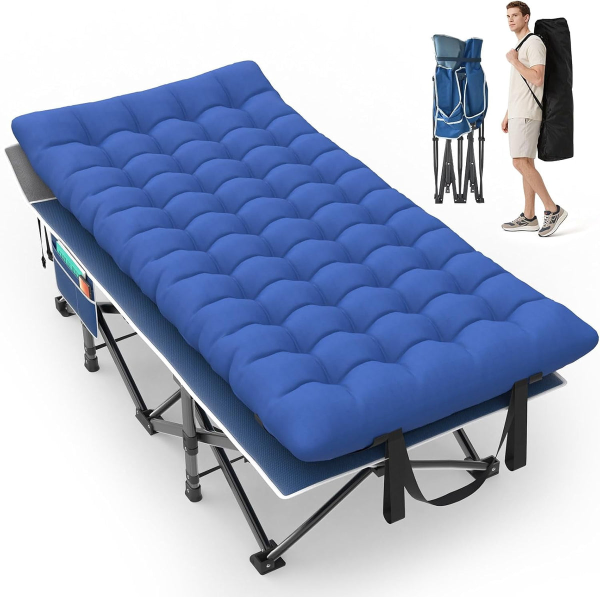 Oswerpon 79x32'' XXL Folding Camping Cot with Mattress,900LBS Heavy Duty Sleeping Cots, for Camping, Hiking, Travel, Office Break,Blue