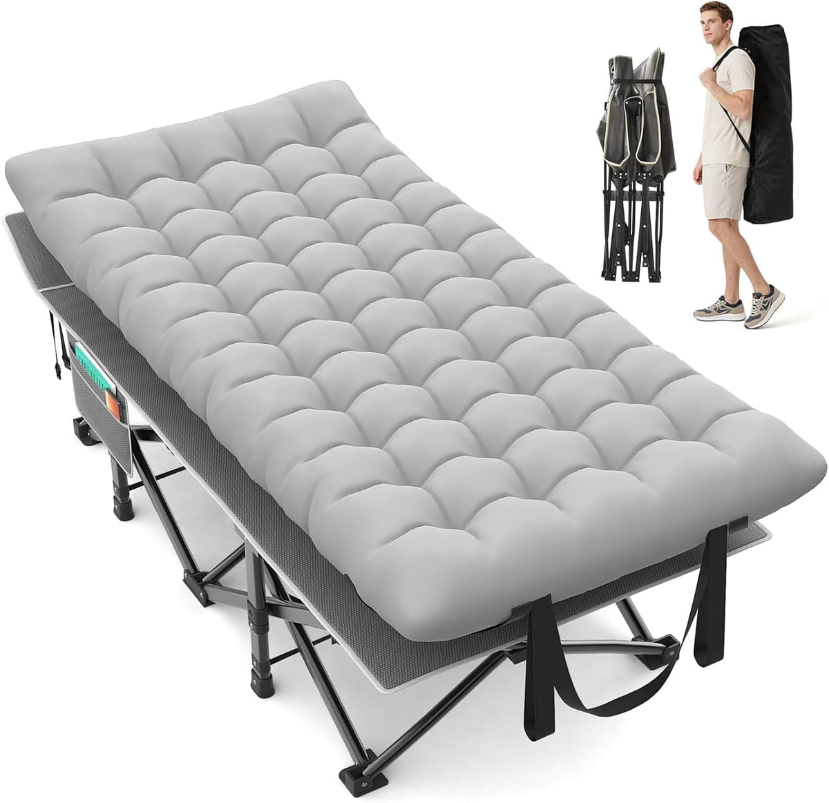 Oswerpon 79x32'' XXL Folding Camping Cot with Mattress,900LBS Heavy Duty Sleeping Cots, for Camping, Hiking, Travel, Office Break,Grey