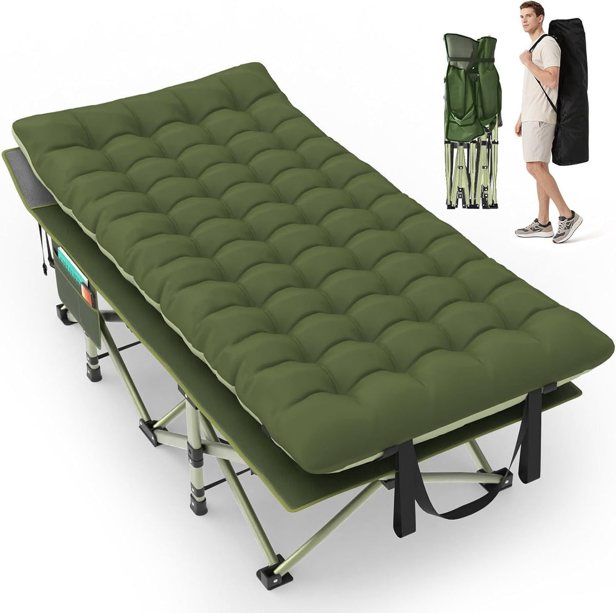 Oswerpon 79x32'' XXL Folding Camping Cot with Mattress,900LBS Heavy Duty Sleeping Cots, for Camping, Hiking, Travel, Office Break,Green