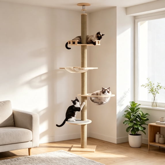 Oswerpon 93.3-113¡± Floor to Ceiling Cat Tree,4 Tier Adjustable Height Cat Tower,Wood Cat Climbing Tree with Scratching Post