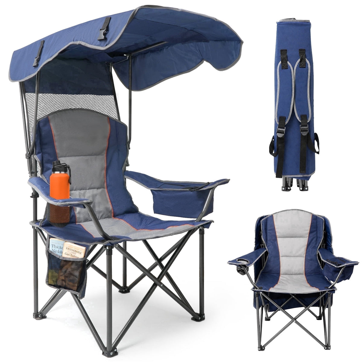 Oswerpon Oversized Canopy Camping Chair for Adults, Folding Outdoor Seat with Adjustable Sunshade, Cup Holder, 3L Cooler Bag and Side Pocket, Blue Gray