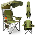Oswerpon Oversized Canopy Camping Chair for Adults, Folding Outdoor Seat with Adjustable Sunshade, Cup Holder, 3L Cooler Bag and Side Pocket, Green