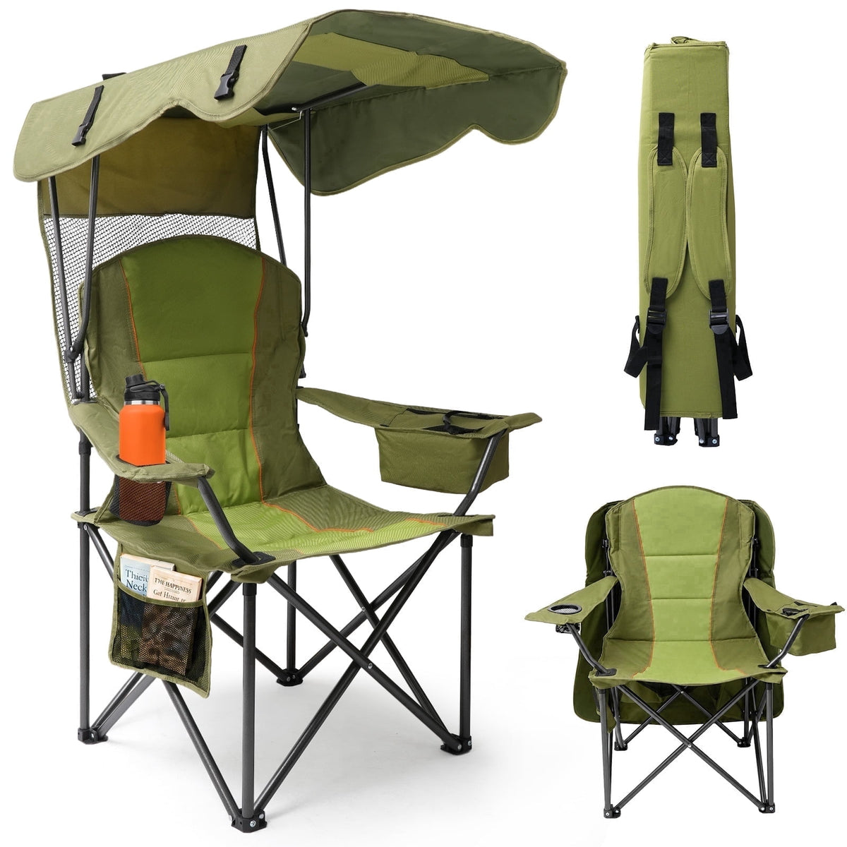 Oswerpon Oversized Canopy Camping Chair for Adults, Folding Outdoor Seat with Adjustable Sunshade, Cup Holder, 3L Cooler Bag and Side Pocket, Green