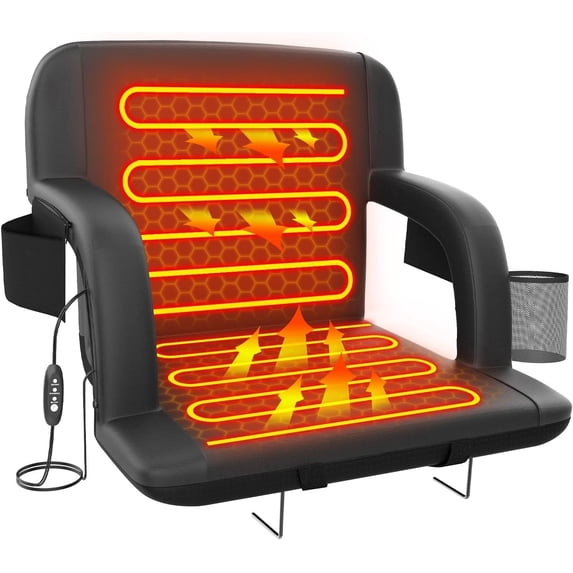 Oswerpon Dual-Side Heated Stadium Seat,23in Wide Foldable Bleacher Chair with Back Support,USB 3-Level Heating, 5 Storage Pockets,for Outdoor Games, Camping, and Bleachers