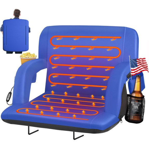 Oswerpon 25in Heated Stadium Seat for Bleachers with Back Support,USB 3-Level Heating,5 Storage Pockets,for Outdoor Games,Camping,and Bleachers,Blue（Without Battery）