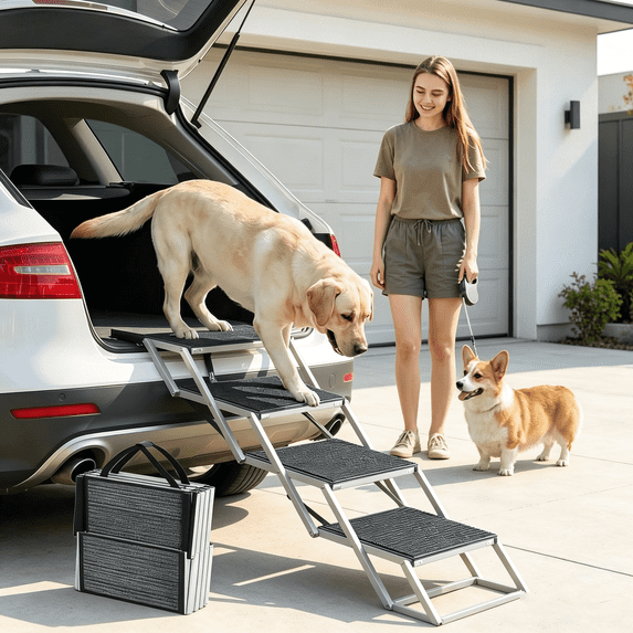 Oswerpon Folding Dog Stairs for Car ¨C 4-Step Lightweight Pet Ramp, 17" Wide Non-Slip Surface, Sturdy Aluminum Frame, Supports Dogs up to 250 lbs