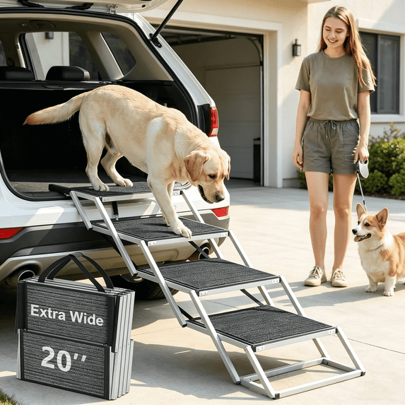 Oswerpon Folding Dog Stairs for Car ¨C 4-Step Lightweight Pet Ramp, 20" Wide Non-Slip Surface, Sturdy Aluminum Frame, Supports Dogs up to 250 lbs