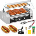 Oswerpon Hot Dog Roller, 5 Rollers 18 Hot Dogs Capacity Stainless Steel Sausage Grill Machine with Dual Temperature Control, Glass Hood and Bun Warmer Shelf