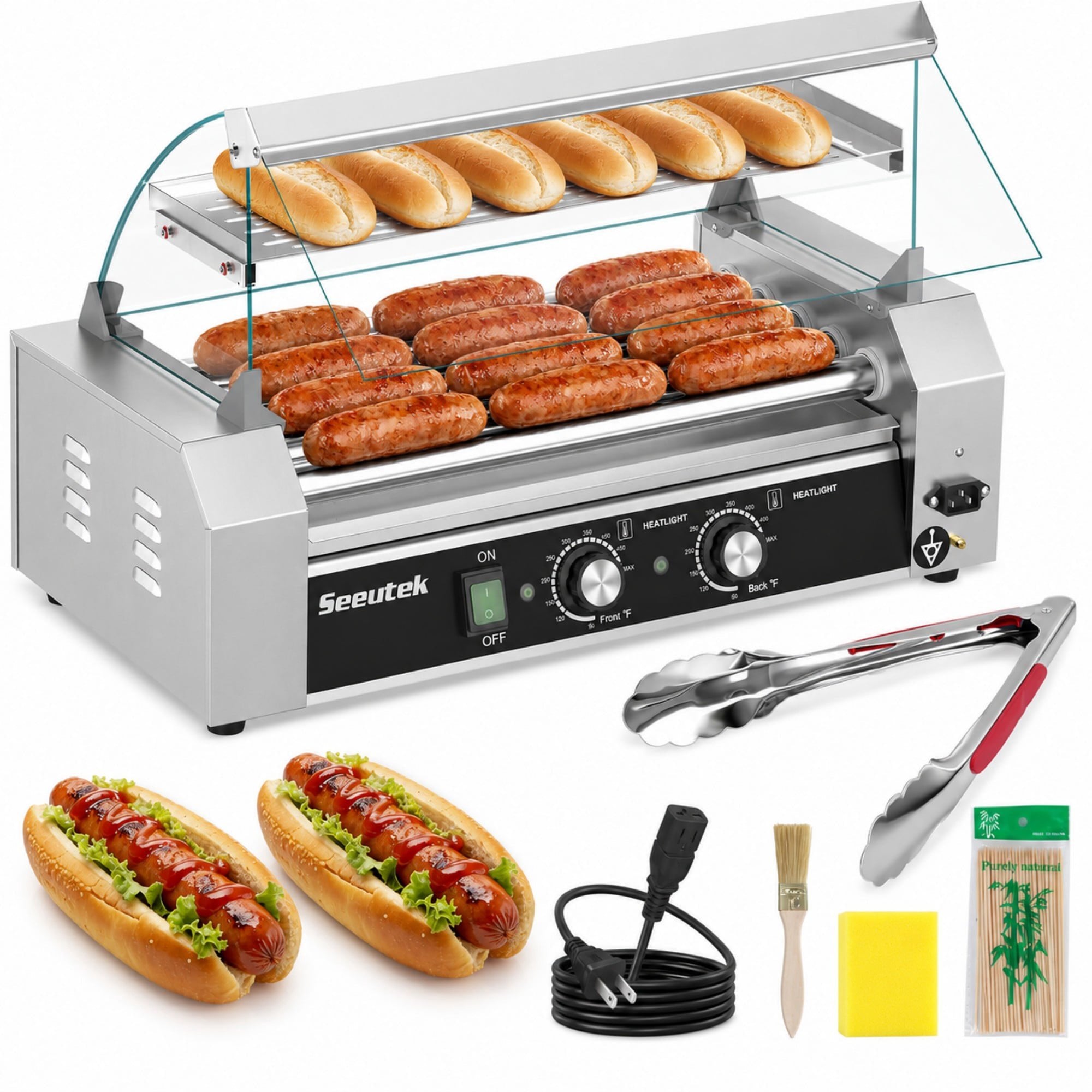 Oswerpon Hot Dog Roller, 5 Rollers 18 Hot Dogs Capacity Stainless Steel Sausage Grill Machine with Dual Temperature Control, Glass Hood and Bun Warmer Shelf
