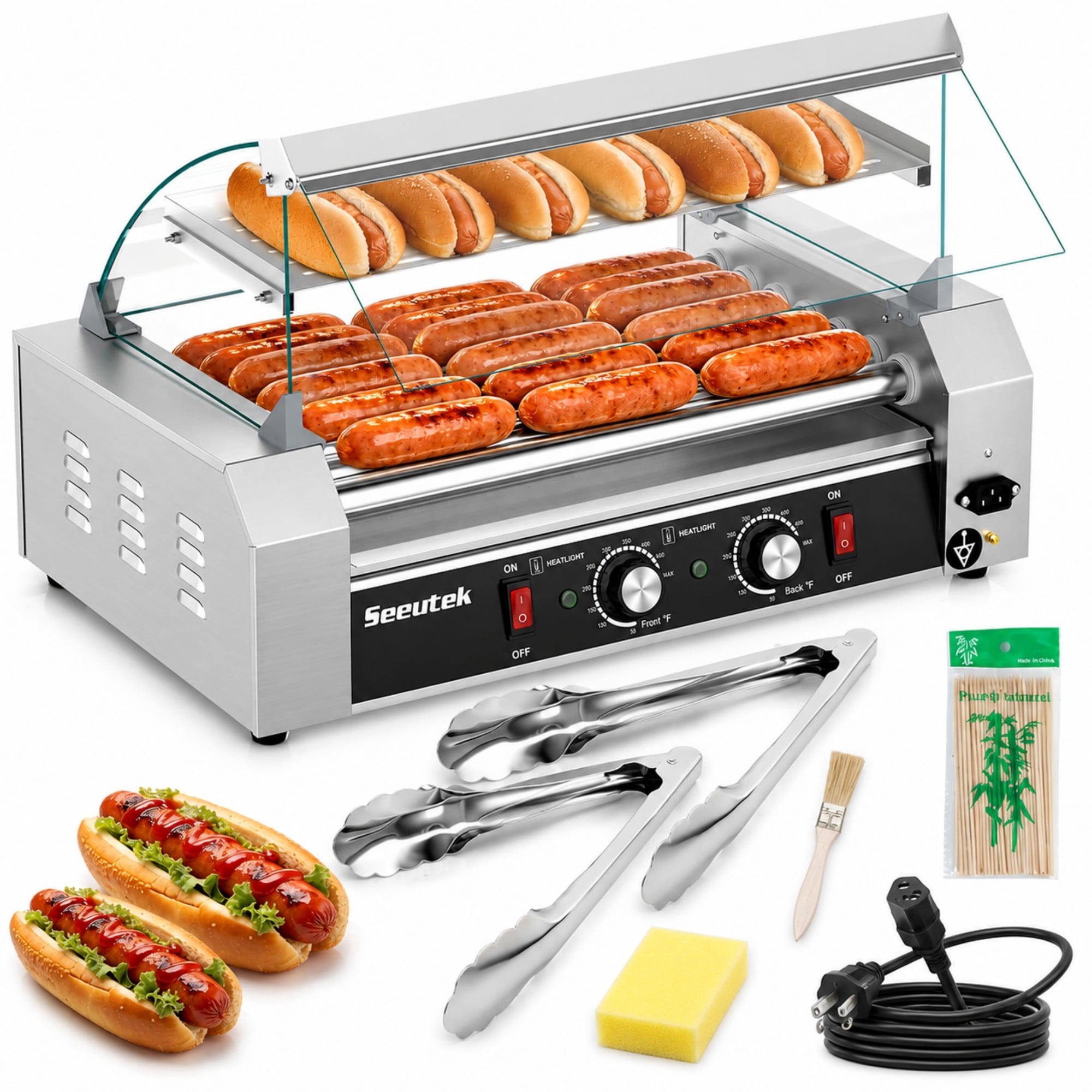Oswerpon Hot Dog Roller, 7 Rollers 24 Hot Dogs Capacity Stainless Steel Sausage Grill Machine with Dual Temperature Control, Glass Hood and Bun Warmer Shelf