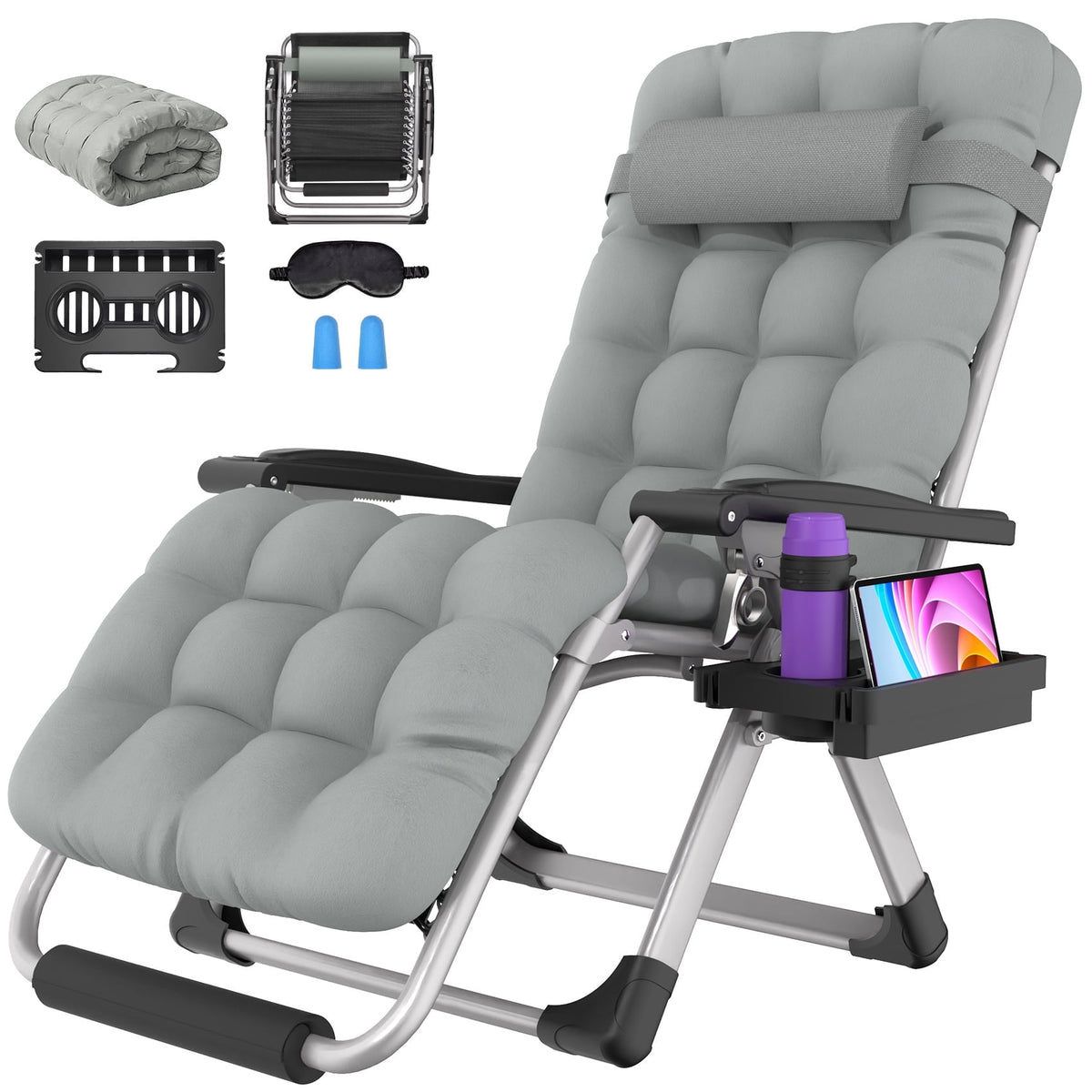 Oswerpon Oversized XL Padded Zero Gravity Lounge Chair, 500-Lb Folding Recliner with Upgraded Lock, Cup Holder, Removable Cushion, Pillow and Footrest for Patio Indoor Outdoor Office, Gray
