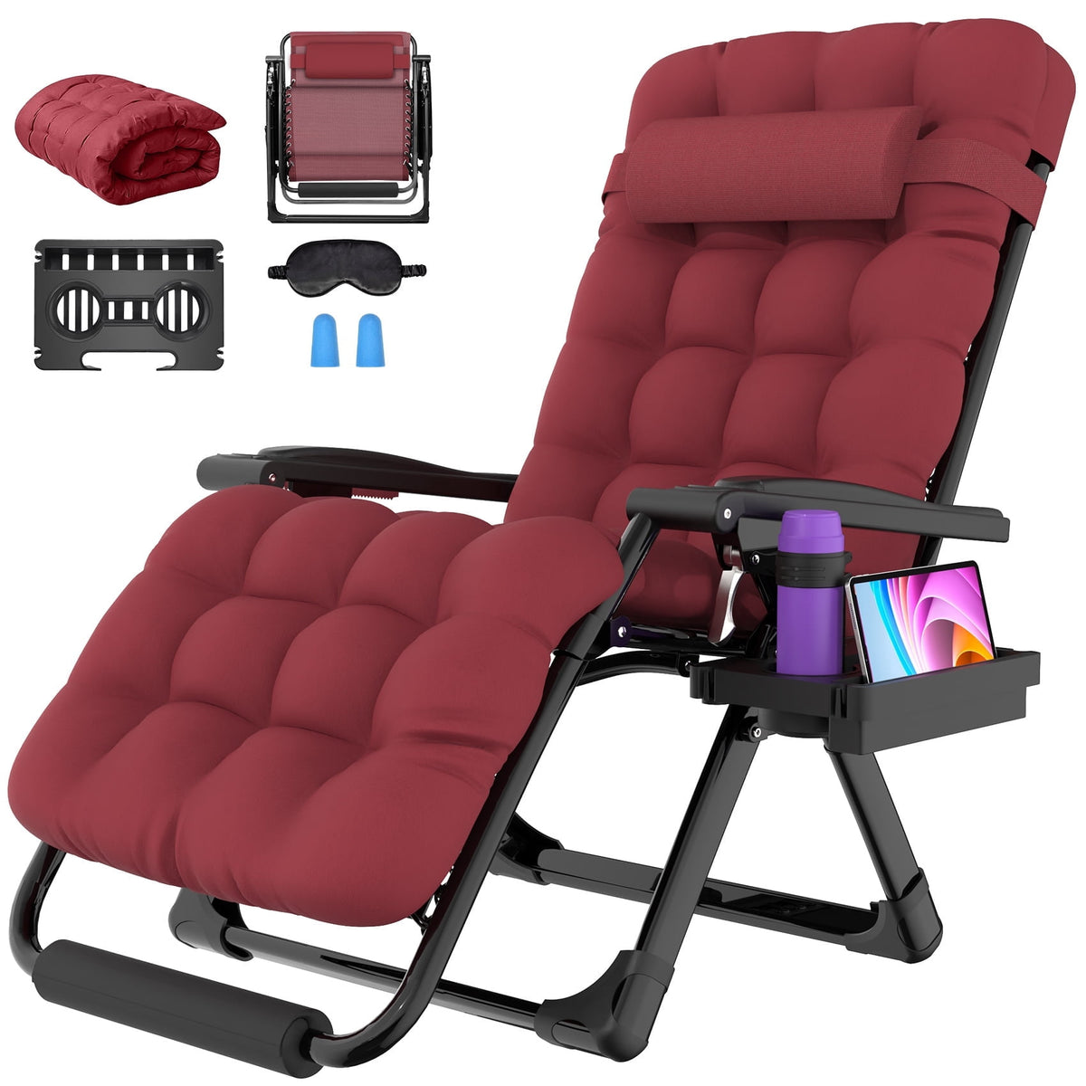 Oswerpon Oversized XL Padded Zero Gravity Lounge Chair, 500-Lb Folding Recliner with Upgraded Lock, Cup Holder, Removable Cushion, Pillow and Footrest for Patio Indoor Outdoor Office, Red
