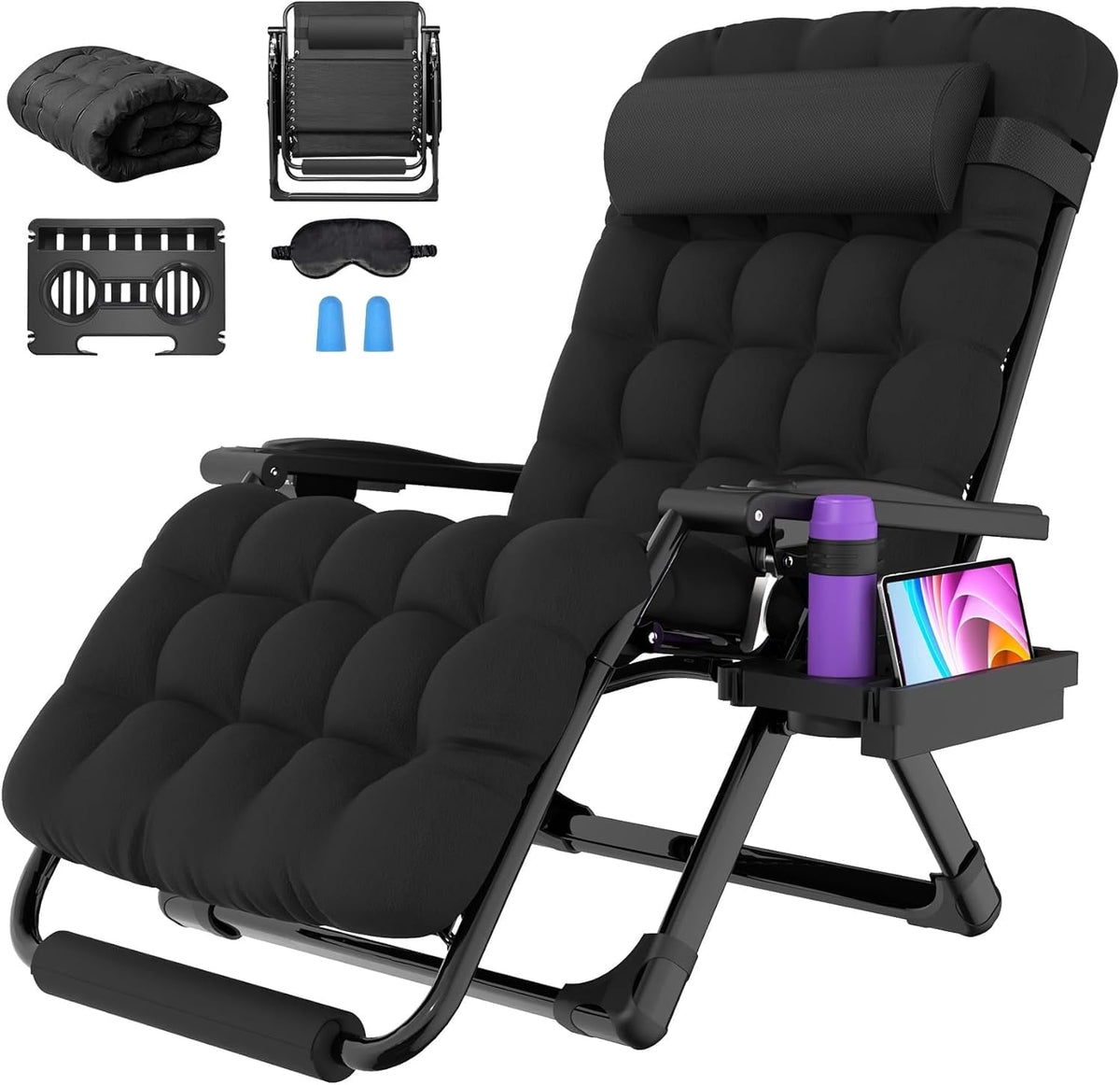 Oswerpon Oversized XXL Padded Zero Gravity Lounge Chair, 500-Lb Folding Recliner with Upgraded Lock, Cup Holder, Removable Cushion, Pillow and Footrest for Patio Indoor Outdoor Office, Black