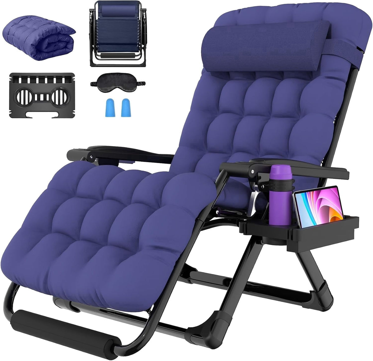 Oswerpon Oversized XXL Padded Zero Gravity Lounge Chair, 500-Lb Folding Recliner with Upgraded Lock, Cup Holder, Removable Cushion, Pillow and Footrest for Patio Indoor Outdoor Office, Blue