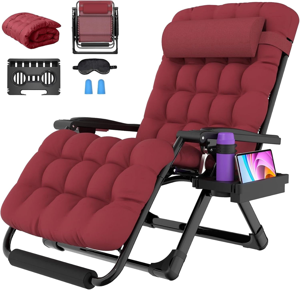 Oswerpon Oversized XXL Padded Zero Gravity Lounge Chair, 500-Lb Folding Recliner with Upgraded Lock, Cup Holder, Removable Cushion, Pillow and Footrest for Patio Indoor Outdoor Office, Red