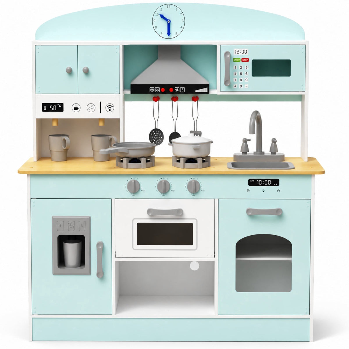 Oswerpon Wooden Kids Play Kitchen, Pretend Play Kitchen Set with Lights & Sounds, 30 PCS Accessories, Microwave, Ice Maker & Coffee Maker Toy Kitchen Set,Blue