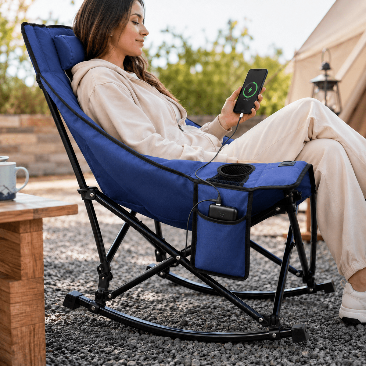 Oswerpon XL Heated Rocking Camping Chair, 3 Heat Settings, Folding Outdoor Rocker with 600D Oxford Seat, Cup Holder, 330 lb Capacity, 20,000mAh Power Bank Included, Blue/Black