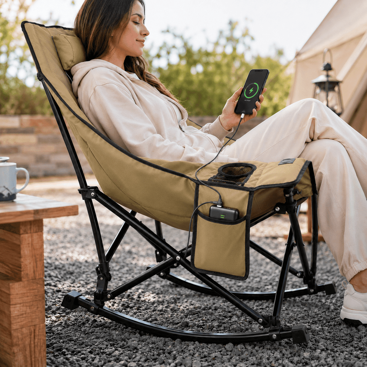 Oswerpon XL Heated Rocking Camping Chair, 3 Heat Settings, Folding Outdoor Rocker with 600D Oxford Seat, Cup Holder, 330 lb Capacity, 20,000mAh Power Bank Included, Khaki/Black