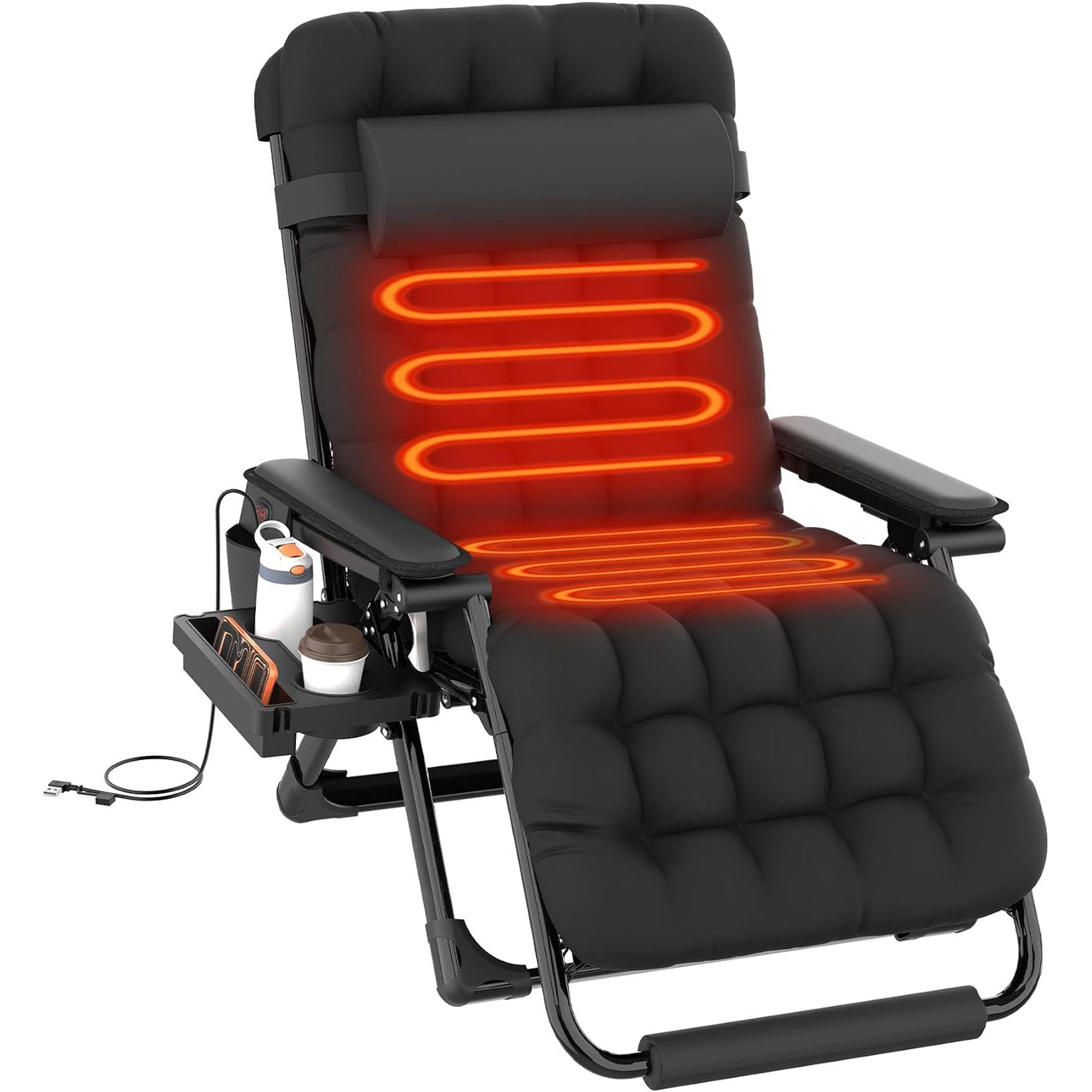 Oswerpon XXL Heated Zero Gravity Chair, 33" Extra Wide Recline Chair w/Upgraded Lock and Wider Cup Holder, Camping Lawn Chair for Patio Outdoor Office (Black)