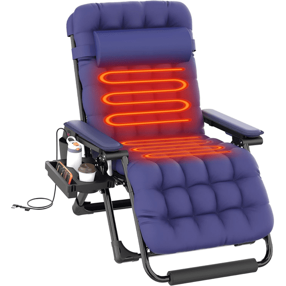 Oswerpon XXL Heated Zero Gravity Chair, 33" Extra Wide Recline Chair w/Upgraded Lock and Wider Cup Holder, Camping Lawn Chair for Patio Outdoor Office (Blue)