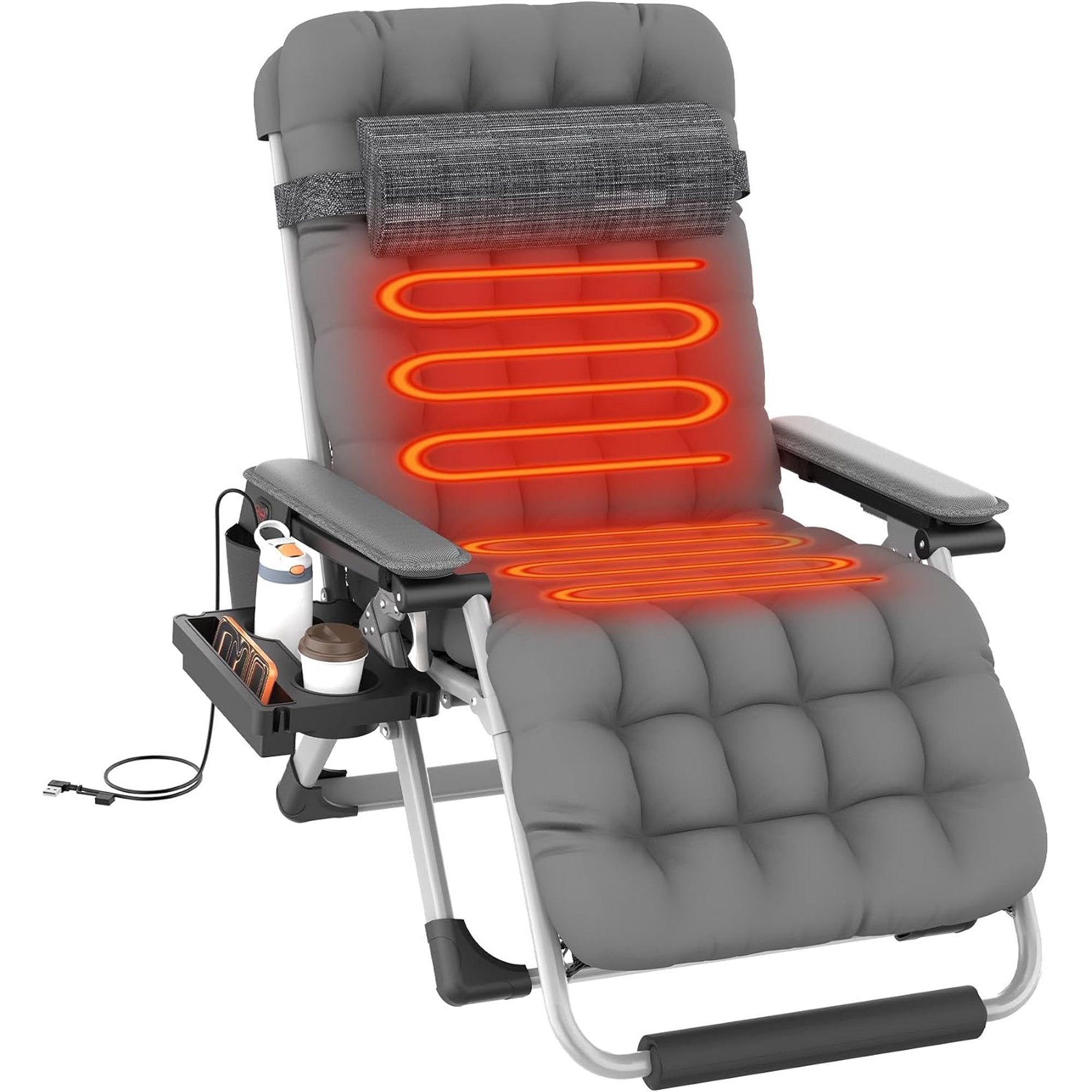 Oswerpon XXL Heated Zero Gravity Chair, 33" Extra Wide Recline Chair w/Upgraded Lock and Wider Cup Holder, Camping Lawn Chair for Patio Outdoor Office (Fossil Gray)