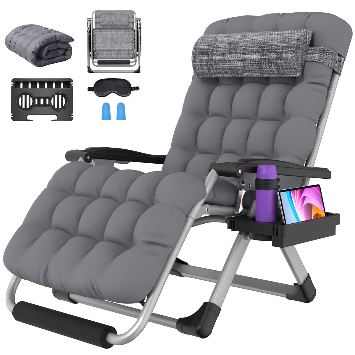 Oswerpon Oversized XXL Padded Zero Gravity Lounge Chair, 500-Lb Folding Recliner with Upgraded Lock, Cup Holder, Removable Cushion, Pillow and Footrest for Patio Indoor Outdoor Office, Fossil Gray