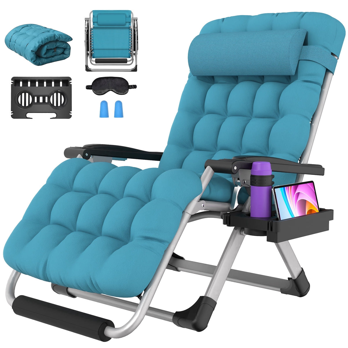 Oswerpon Oversized XXL Padded Zero Gravity Lounge Chair, 500-Lb Folding Recliner with Upgraded Lock, Cup Holder, Removable Cushion, Pillow and Footrest for Patio Indoor Outdoor Office, Light Blue