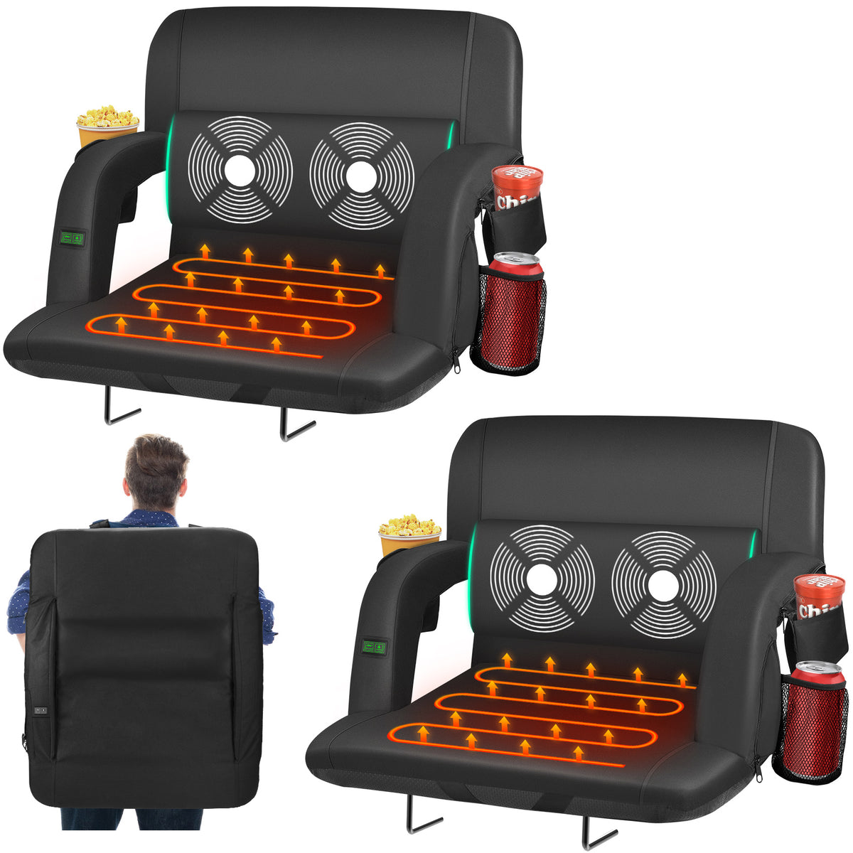 Oswerpon 2PCS 21" Wide Heated Massage Stadium Seats for Bleachers with Back Support, Portable Stadium Chair with Armrest, for Outdoor（Without Battery)